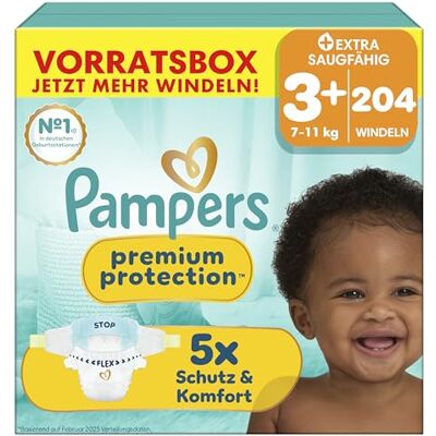 Pampers Premium Protection Größe 3+, 204 Windeln, 7kg-11kg, unser Nr. 1 Haut- und Auslaufschutz Pampers Premium Protection Größe 3+, 204 Windeln, 7kg-11kg, unser Nr. 1 Haut- und Auslaufschutz