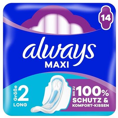 Always Maxi Long Binden (Größe 2) Flügel 14 Stück, Für Stärkere Tage, Damenbinden, Bis Zu 100 Prozent Schutz und Komfort-Kissen Always Maxi Long Binden (Größe 2) Flügel 14 Stück, Für Stärkere Tage, Damenbinden, Bis Zu 100 Prozent Schutz und Komfort-Kissen