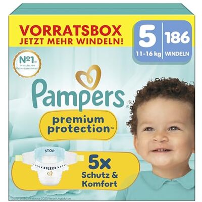 Pampers Premium Protection Größe 5, 186 Windeln, 11kg-16kg, unser Nr. 1 Haut- und Auslaufschutz Pampers Premium Protection Größe 5, 186 Windeln, 11kg-16kg, unser Nr. 1 Haut- und Auslaufschutz