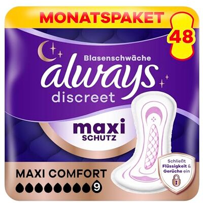 Discreet Inkontinenz-Einlagen Maxi Comfort Monatspaket bei Blasenschwäche, 48 Einlagen (4 Packungen x 12 Stück) Stück Discreet Inkontinenz-Einlagen Maxi Comfort Monatspaket bei Blasenschwäche, 48 Einlagen (4 Packungen x 12 Stück) Stück