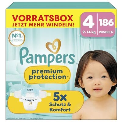 Pampers Premium Protection Größe 4, 186 Windeln, 9kg-14kg, unser Nr. 1 Haut- und Auslaufschutz Pampers Premium Protection Größe 4, 186 Windeln, 9kg-14kg, unser Nr. 1 Haut- und Auslaufschutz