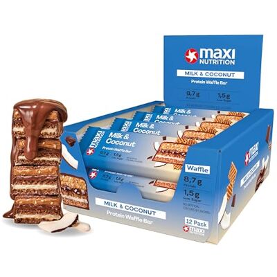 MaxiNutrition Milk & Coconut Protein Waffle Bar, 22% Eiweiß, 174 kcal, (12 Eiweißriegel x 40g), Ohne Zuckerzusatz MaxiNutrition Milk & Coconut Protein Waffle Bar, 22% Eiweiß, 174 kcal, (12 Eiweißriegel x 40g), Ohne Zuckerzusatz