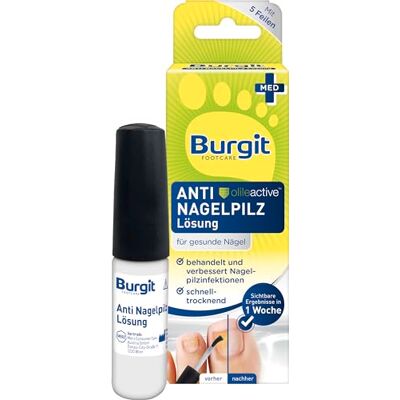 Burgit Anti Nagelpilz Lösung (4ml) · · Gegen Nagelpilz · Schnelle Pilzbehandlung · Bei Nagelinfektionen · Verfärbte & Verdickte Nägel Burgit Anti Nagelpilz Lösung (4ml) · · Gegen Nagelpilz · Schnelle Pilzbehandlung · Bei Nagelinfektionen · Verfärbte & Verdickte Nägel