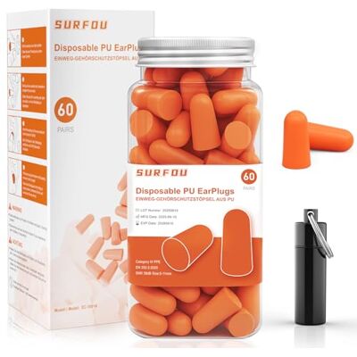 SURFOU Ohrstöpsel zum Schlafen 60 Paare, Geräuschreduzierung 38dB, Wiederverwendbar & Umweltfreundlich, Bequemer Sitz für Seitenschläfer, Ideal für Reisen, Zuhause & Studium, Orange SURFOU Ohrstöpsel zum Schlafen 60 Paare, Geräuschreduzierung 38dB, Wiederverwendbar & Umweltfreundlich, Bequemer Sitz für Seitenschläfer, Ideal für Reisen, Zuhause & Studium, Orange