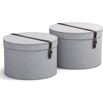 BIGSO RUT 2er-Set Aufbewahrungsbox mit Deckel – runde Ordnungsbox mit Lederriemen – große und kleine Hutschachtel aus Faserplatte und Papier in Leinenoptik – hellgrau BIGSO RUT 2er-Set Aufbewahrungsbox mit Deckel – runde Ordnungsbox mit Lederriemen – große und kleine Hutschachtel aus Faserplatte und Papier in Leinenoptik – hellgrau