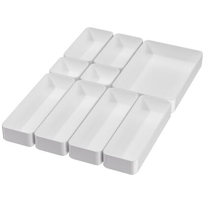 CHANCETSUI 9-teiliges Schubladen-Organizer-Tabletts-Set, multifunktional, stapelbar, für Schlafzimmer, Badezimmer, Küche, Schreibtisch, Büro, Schubladen-Organizer. Kunststoff-Aufbewahrungsboxen in 5 Farben, Weiß CHANCETSUI 9-teiliges Schubladen-Organizer-Tabletts-Set, multifunktional, stapelbar, für Schlafzimmer, Badezimmer, Küche, Schreibtisch, Büro, Schubladen-Organizer. Kunststoff-Aufbewahrungsboxen in 5 Farben, Weiß