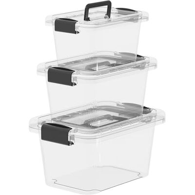 Cetomo Aufbewahrungsboxen, Aufbewahrungsbox mit Deckeln und Griff, stapelbare & ineinander schachtelbare Kunststoffbehälter für Zuhause, Wohnheim und Büro, Transparent, 6L 10L 18L-3er Pack Cetomo Aufbewahrungsboxen, Aufbewahrungsbox mit Deckeln und Griff, stapelbare & ineinander schachtelbare Kunststoffbehälter für Zuhause, Wohnheim und Büro, Transparent, 6L 10L 18L-3er Pack