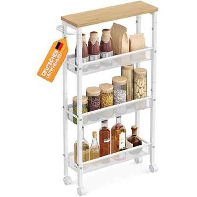 VASAGLE Rollwagen, Schmaler Küchenwagen mit 4 Ebenen, 45,4 x 13 x 77 cm Nischenregal mit Rollen, für Küche und Bad, Goldeichenfarben und Mattweiß, DACEY Kollektion LRC032W09 VASAGLE Rollwagen, Schmaler Küchenwagen mit 4 Ebenen, 45,4 x 13 x 77 cm Nischenregal mit Rollen, für Küche und Bad, Goldeichenfarben und Mattweiß, DACEY Kollektion LRC032W09