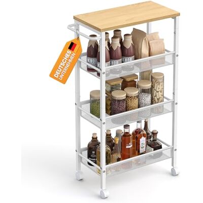 VASAGLE Rollwagen, Schmaler Küchenwagen mit 4 Ebenen, 45,4 x 22 x 77 cm Nischenregal mit Rollen, für Küche und Bad, Goldeichenfarben und Mattweiß, DACEY Kollektion LRC033W09 VASAGLE Rollwagen, Schmaler Küchenwagen mit 4 Ebenen, 45,4 x 22 x 77 cm Nischenregal mit Rollen, für Küche und Bad, Goldeichenfarben und Mattweiß, DACEY Kollektion LRC033W09