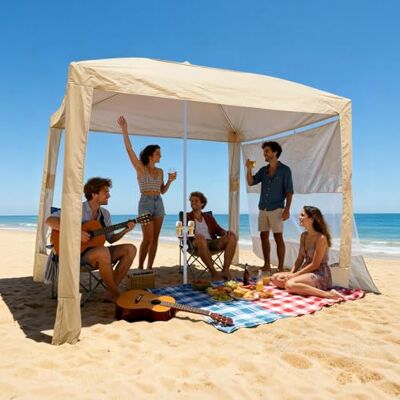 VEVOR Strand-Cabana, 2,4 x 2,4 m Strandüberdachung mit Seitenwand, UPF 50+ Sonnenschutz, Strandpavillon mit Sandsäcken, höhenverstellbarer & tragbarer Sonnenschutz für Familie und Freunde, Khaki VEVOR Strand-Cabana, 2,4 x 2,4 m Strandüberdachung mit Seitenwand, UPF 50+ Sonnenschutz, Strandpavillon mit Sandsäcken, höhenverstellbarer & tragbarer Sonnenschutz für Familie und Freunde, Khaki