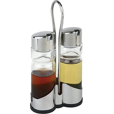 APS 40458 Menage ECONOMIC, 11,5 x 5,5 cm, H: 22 cm, Glas, Edelstahl, ABS, PP, Set bestehend aus: Essig- und Öl-Flasche, Ständer aus Edelstahl APS 40458 Menage ECONOMIC, 11,5 x 5,5 cm, H: 22 cm, Glas, Edelstahl, ABS, PP, Set bestehend aus: Essig- und Öl-Flasche, Ständer aus Edelstahl