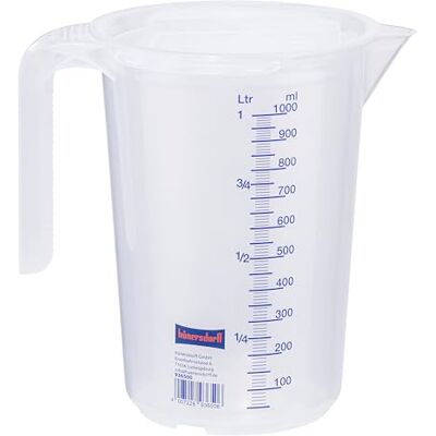 hünersdorff Messbecher 1l Polypropylen (PP) bruchsicher und spülmaschinengeeignet offener Griff blaue Skala, Transparent+blau hünersdorff Messbecher 1l Polypropylen (PP) bruchsicher und spülmaschinengeeignet offener Griff blaue Skala, Transparent+blau