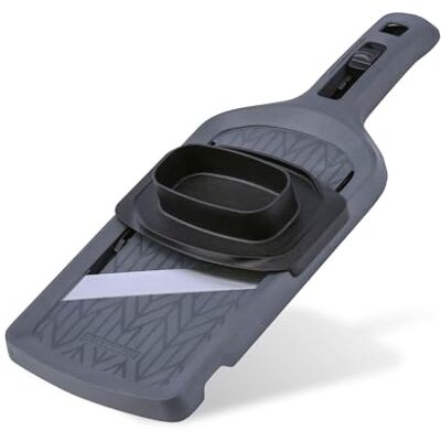 FACKELMANN Gemüsehobel – Aus Edelstahl mit 4 Stufen-Schneider, ergonomischem Schiebregler und Restehalter, für präzises Schneiden – Made in Germany, Anthrazit FACKELMANN Gemüsehobel – Aus Edelstahl mit 4 Stufen-Schneider, ergonomischem Schiebregler und Restehalter, für präzises Schneiden – Made in Germany, Anthrazit