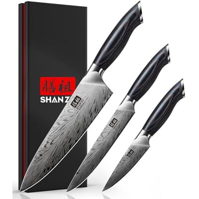 SHAN ZU Messerset aus Pulverstahl, Küchenmesserset 3-tlg, Scharfes Japanisches Kochmesserset aus Hochhartem Edelstahl mit Ergonomischem Holzgriff, Inklusive Kochmesser, Allzweckmesser, Schälmesser SHAN ZU Messerset aus Pulverstahl, Küchenmesserset 3-tlg, Scharfes Japanisches Kochmesserset aus Hochhartem Edelstahl mit Ergonomischem Holzgriff, Inklusive Kochmesser, Allzweckmesser, Schälmesser
