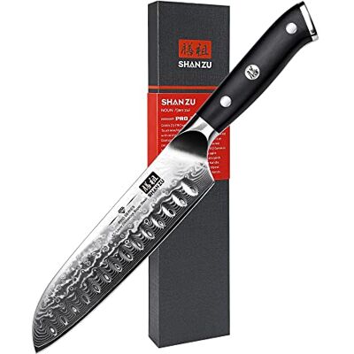 SHAN ZU Damast Santokumesser Kochmesser 18cm, Profi Küchenmesser japanisches Messer mit 67 Lagen Damaszenerstahl, kohlenstoffreichem 10Cr15MoV Stahlkern, ergonomischem G10-Griff – PRO Series SHAN ZU Damast Santokumesser Kochmesser 18cm, Profi Küchenmesser japanisches Messer mit 67 Lagen Damaszenerstahl, kohlenstoffreichem 10Cr15MoV Stahlkern, ergonomischem G10-Griff – PRO Series