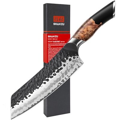 SHAN ZU Japanisches Santokumesser, 20 cm Handgeschmiedetes 7 Schichten Hochwertigem Carbon Stahl Scharf Kochmesser mit Ahornholzgriff, Profi Messer Gyuto Fleischmesser SHAN ZU Japanisches Santokumesser, 20 cm Handgeschmiedetes 7 Schichten Hochwertigem Carbon Stahl Scharf Kochmesser mit Ahornholzgriff, Profi Messer Gyuto Fleischmesser
