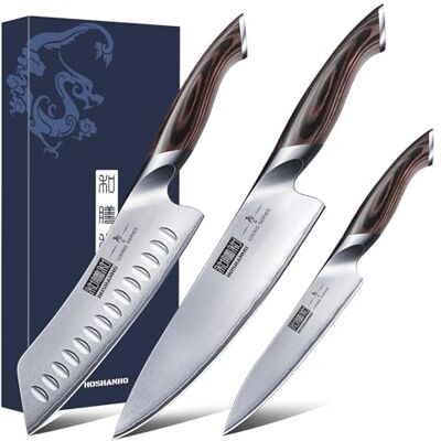 HOSHANHO Messerset 3 teilig, Küchenmesser set aus Edelstahl, Messer Kochmesser Set Professionelles mit Kochmesser, Santoku Messer, Utility Messer HOSHANHO Messerset 3 teilig, Küchenmesser set aus Edelstahl, Messer Kochmesser Set Professionelles mit Kochmesser, Santoku Messer, Utility Messer