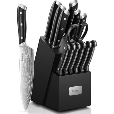 Yabano Messerblock Set, 14-teilig Küchenmesserset Edelstahl, Messer Set mit Block und integriertem Messerschärfer, geschmiedete ABS-Griffe Yabano Messerblock Set, 14-teilig Küchenmesserset Edelstahl, Messer Set mit Block und integriertem Messerschärfer, geschmiedete ABS-Griffe