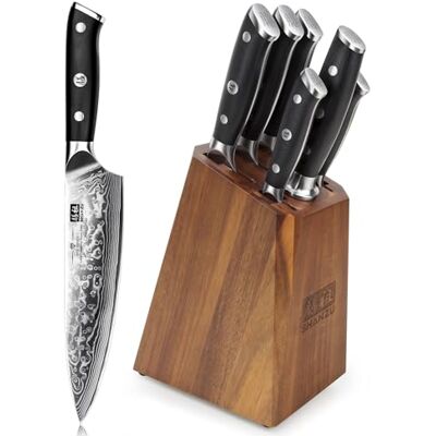 SHAN ZU Damast Messerblock Set 7-teilig, Messerset mit Holzblock SHAN ZU Damast Messerblock Set 7-teilig, Messerset mit Holzblock