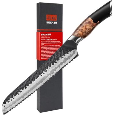 SHAN ZU Brotmesser mit Wellenschliff Profi 20 cm aus 7 Schichten Hochwertigem Rostfreiem Carbon Stahl, Extra Scharfe Messerklinge mit Ergonomischem Ahornholzgriff SHAN ZU Brotmesser mit Wellenschliff Profi 20 cm aus 7 Schichten Hochwertigem Rostfreiem Carbon Stahl, Extra Scharfe Messerklinge mit Ergonomischem Ahornholzgriff