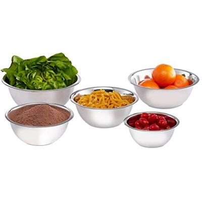 Relaxdays 10024739 Rührschüssel Set, 5-teilig, Edelstahl, Schüsselset zum Backen und Servieren, stapelbar, Salatschüssel, Silber, 9.5 x 26 x 26 cm Relaxdays 10024739 Rührschüssel Set, 5-teilig, Edelstahl, Schüsselset zum Backen und Servieren, stapelbar, Salatschüssel, Silber, 9.5 x 26 x 26 cm