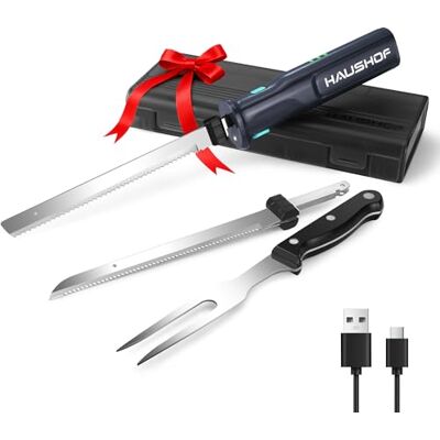 HAUSHOF Elektromesser, Kabelloses Küchenmesser mit 2 Edelstahlklingen, Elektrisches Messer mit Gabel, 2000 mAh Akku für Präzises Schneiden von Brot, Fleisch und Käse, mit Aufbewahrungsbox, Grau HAUSHOF Elektromesser, Kabelloses Küchenmesser mit 2 Edelstahlklingen, Elektrisches Messer mit Gabel, 2000 mAh Akku für Präzises Schneiden von Brot, Fleisch und Käse, mit Aufbewahrungsbox, Grau