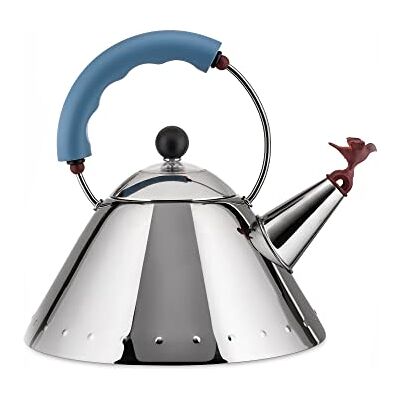Alessi Wasserkessel aus Edelstahl mit Griff und vogelförmiger Flöte aus PA, hellblau Alessi Wasserkessel aus Edelstahl mit Griff und vogelförmiger Flöte aus PA, hellblau