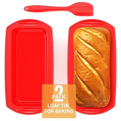 Ankway Rechteckig Silikon Brotbackform mit Teigschaber, 2er Set Anti haftende Silikon Backform Kastenform für Kuchen und Brote, 28x14.3x6.3cm, Rot, ASI013 Ankway Rechteckig Silikon Brotbackform mit Teigschaber, 2er Set Anti haftende Silikon Backform Kastenform für Kuchen und Brote, 28x14.3x6.3cm, Rot, ASI013
