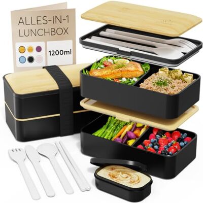 Umami Lunchbox Erwachsene, Auslaufsichere Bento Box mit Fächern und 4 Bestecke, Brotdose Erwachsene, Salatbehälter To-Go, Lunch Box für Picknick/Büro, Schwarz & Beige, 1200 ml Umami Lunchbox Erwachsene, Auslaufsichere Bento Box mit Fächern und 4 Bestecke, Brotdose Erwachsene, Salatbehälter To-Go, Lunch Box für Picknick/Büro, Schwarz & Beige, 1200 ml
