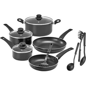 BELLA Kochgeschirr-Set, 12-teilige Töpfe und Pfannen mit Utensilien, antihaftbeschichtet, PFOA-frei, kratzfeste Kochfläche, kompatibel mit allen Herden, Nylon und Aluminium, Schwarz BELLA Kochgeschirr-Set, 12-teilige Töpfe und Pfannen mit Utensilien, antihaftbeschichtet, PFOA-frei, kratzfeste Kochfläche, kompatibel mit allen Herden, Nylon und Aluminium, Schwarz