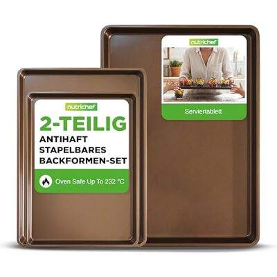 NutriChef Backblech Set 2-teilig mit Serviertablett- Antihaft Karbonstahl – Stapelbare Ofenbleche Spülmaschinenfest Hitzebeständig Bis 232°C Für Backen Braten und Servieren, Gold NutriChef Backblech Set 2-teilig mit Serviertablett- Antihaft Karbonstahl – Stapelbare Ofenbleche Spülmaschinenfest Hitzebeständig Bis 232°C Für Backen Braten und Servieren, Gold