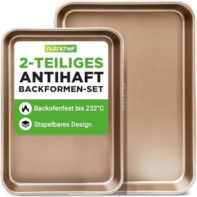 NutriChef Backblech Set 2-teilig – Antihaft 40x28 cm & 35.5x24.6 cm, goldfarbig PFOA-frei, ofenfest bis 232 °C, stapelbar, spülmaschinengeeignet, ideal für Meal Prep & Aufläufe NutriChef Backblech Set 2-teilig – Antihaft 40x28 cm & 35.5x24.6 cm, goldfarbig PFOA-frei, ofenfest bis 232 °C, stapelbar, spülmaschinengeeignet, ideal für Meal Prep & Aufläufe
