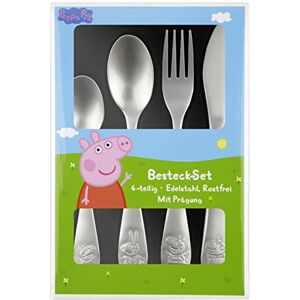 p:os Peppa Wutz Kinderbesteck Set 4-teilig Edelstahl rostfrei mit Messer, Gabel, Suppenlöffel und Dessertlöffel geprägtes Peppa Motiv, silber Kinder Besteck, Esslern-Besteck p:os Peppa Wutz Kinderbesteck Set 4-teilig Edelstahl rostfrei mit Messer, Gabel, Suppenlöffel und Dessertlöffel geprägtes Peppa Motiv, silber Kinder Besteck, Esslern-Besteck