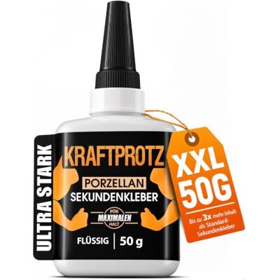 KRAFTPROTZ Sekundenkleber für Keramik & Porzellan extra stark – XXL 50 g Superkleber flüssig – spülmaschinenfest & hitzebeständig – Anti-Austrocknungs-Spitze – Spezialkleber für Ton, Stein, Geschirr KRAFTPROTZ Sekundenkleber für Keramik & Porzellan extra stark – XXL 50 g Superkleber flüssig – spülmaschinenfest & hitzebeständig – Anti-Austrocknungs-Spitze – Spezialkleber für Ton, Stein, Geschirr