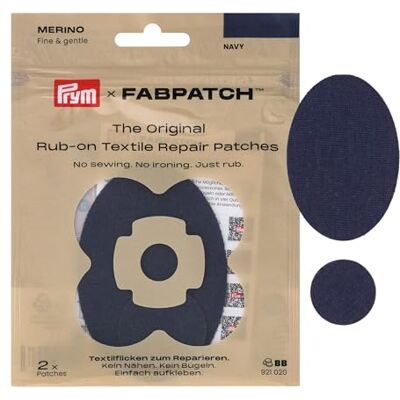 Prym 921020 FabPatch MERINO Rub-on Patch Marine (2 Stück) – Selbstklebende Reparaturflicken aus 100% Merinowolle für Pullover, Feinstrick, Unterwäsche & Innenfutter – Ohne Nähen & Bügeln Prym 921020 FabPatch MERINO Rub-on Patch Marine (2 Stück) – Selbstklebende Reparaturflicken aus 100% Merinowolle für Pullover, Feinstrick, Unterwäsche & Innenfutter – Ohne Nähen & Bügeln