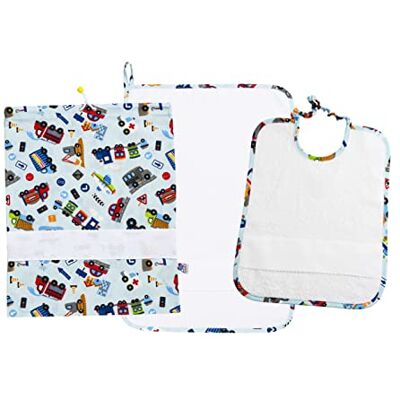Filet Set Kindergarten Drei Stück mit Canvas Aida zu Sticken, bestehend aus Säckli, Handtuch und Lätzchen aus Weißer Schwamm, 100% Baumwolle, Made in Italy, Ausgefallene Maschinen Blauer Hintergrund Filet Set Kindergarten Drei Stück mit Canvas Aida zu Sticken, bestehend aus Säckli, Handtuch und Lätzchen aus Weißer Schwamm, 100% Baumwolle, Made in Italy, Ausgefallene Maschinen Blauer Hintergrund