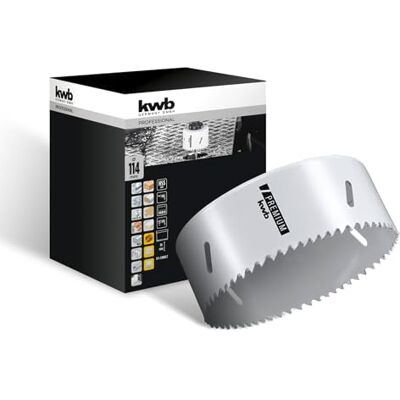 kwb HSS Bi-Metall-Lochsäge Ø 114 mm, 8% kobaltlegiert mit progressiver Vario-Zahnung und hoher Präzision für den vielseitigen Einsatz kwb HSS Bi-Metall-Lochsäge Ø 114 mm, 8% kobaltlegiert mit progressiver Vario-Zahnung und hoher Präzision für den vielseitigen Einsatz