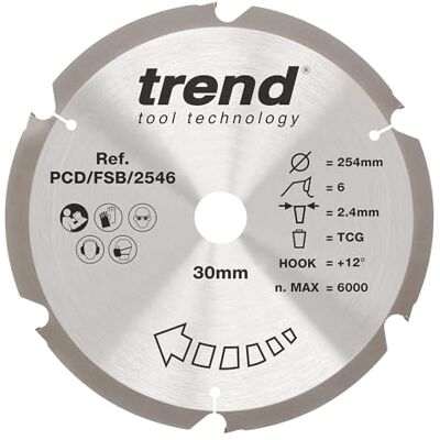 TREND Kreissägeblatt aus PKD-Faserzement, 254 mm Durchmesser, 30 mm Bohrung, 6 Zähne, 2,4 mm Schnittfuge, +12° Haken, PKD, grobe Oberfläche, PCD/FSB/2546 TREND Kreissägeblatt aus PKD-Faserzement, 254 mm Durchmesser, 30 mm Bohrung, 6 Zähne, 2,4 mm Schnittfuge, +12° Haken, PKD, grobe Oberfläche, PCD/FSB/2546