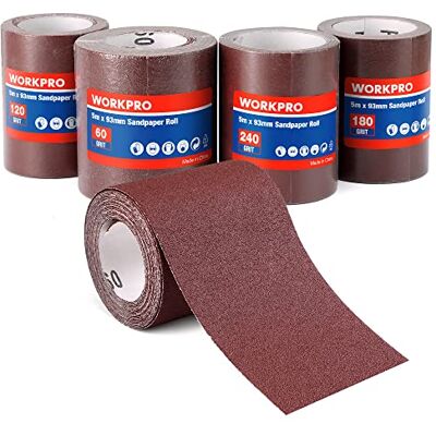 WORKPRO Schleifpapierrollen, 4 Schleifpapier Rollen 93 mm x 5 m, Körnung 60/120/180/240, für Handschleifer, Schwingschleifer, Schmirgelpapier für Holz, Metall, Farbe WORKPRO Schleifpapierrollen, 4 Schleifpapier Rollen 93 mm x 5 m, Körnung 60/120/180/240, für Handschleifer, Schwingschleifer, Schmirgelpapier für Holz, Metall, Farbe