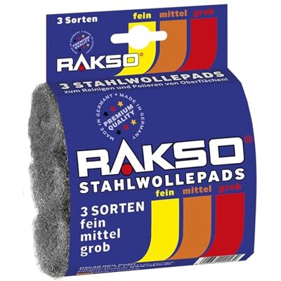 RAKSO Stahlwolle, DIY Polier & Schleifpads fein, mittel, grob 3 Pads, Schleifschwämme für Holz, Farbe, Metall, Reinigung und Politur RAKSO Stahlwolle, DIY Polier & Schleifpads fein, mittel, grob 3 Pads, Schleifschwämme für Holz, Farbe, Metall, Reinigung und Politur