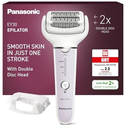 Panasonic ES-EY30 Nass/Trockenepilierer Damen, Dual Disc mit 60 Pinzetten, 90° schwenkbarer Kopf, 3 Geschwindigkeiten & LED-Licht, 30 Min. Betrieb, kabellos, Haarentferner. Panasonic ES-EY30 Nass/Trockenepilierer Damen, Dual Disc mit 60 Pinzetten, 90° schwenkbarer Kopf, 3 Geschwindigkeiten & LED-Licht, 30 Min. Betrieb, kabellos, Haarentferner.