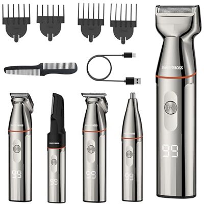BARBERBOSS Schnurloser Bartschneider Männer Kit, 5-in-1-Rasierer mit Haarschneidemaschine, Nasentrimmer, USB-C Recharge & Edelstahlklingen, Body Groomer BARBERBOSS Schnurloser Bartschneider Männer Kit, 5-in-1-Rasierer mit Haarschneidemaschine, Nasentrimmer, USB-C Recharge & Edelstahlklingen, Body Groomer