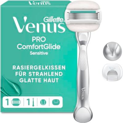 Gillette Pro Comfortglide Sensitive Rasierer Damen, Nassrasierer mit Einem Hauch von Aloe Vera — Inkl. 1 Ersatzklingen, Langlebiges Metallhandstück und Duschhalterung — Silber Gillette Pro Comfortglide Sensitive Rasierer Damen, Nassrasierer mit Einem Hauch von Aloe Vera — Inkl. 1 Ersatzklingen, Langlebiges Metallhandstück und Duschhalterung — Silber