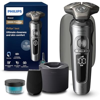 Philips Shaver S9000 Prestige, elektrischer Nass- & Trockenrasierer für Herren, helles Chrom, Lift & Cut-Rasiersystem, SkinIQ Technologie, Präzisionstrimmer, Reinigungsstation und Reiseetui, SP9841/32 Philips Shaver S9000 Prestige, elektrischer Nass- & Trockenrasierer für Herren, helles Chrom, Lift & Cut-Rasiersystem, SkinIQ Technologie, Präzisionstrimmer, Reinigungsstation und Reiseetui, SP9841/32