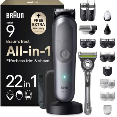 Braun Multigroom All-in-One Series 9, 22-in-1 Trimmer, AIO9545, Grau Barttrimmer, Nasenhaartrimmer, Haarschneidemaschine, 14 Längen, 120 Min. Akku, Wasserdicht, Inkl. Gillette Labs Rasierer Braun Multigroom All-in-One Series 9, 22-in-1 Trimmer, AIO9545, Grau Barttrimmer, Nasenhaartrimmer, Haarschneidemaschine, 14 Längen, 120 Min. Akku, Wasserdicht, Inkl. Gillette Labs Rasierer