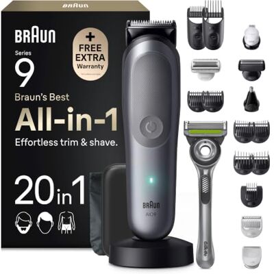 Braun Multigroom All-in-One Series 9, 20-in-1 Trimmer, AIO9540, Grau Barttrimmer, Nasenhaartrimmer, Haarschneidemaschine, 14 Längen, 120 Min. Akku, Wasserdicht, Inkl. Gillette Labs Rasierer Braun Multigroom All-in-One Series 9, 20-in-1 Trimmer, AIO9540, Grau Barttrimmer, Nasenhaartrimmer, Haarschneidemaschine, 14 Längen, 120 Min. Akku, Wasserdicht, Inkl. Gillette Labs Rasierer