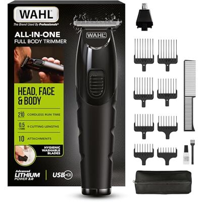 Wahl All in One Trimmer, für Haare, Bart, Ohren, Nase &Körperpflege, leistungsstarker Lithium-Akku, abwaschbare Aufsätze, breiter T-Schneidsatz, Schnittlänge 0,5 mm 25 mm, 210 Minuten Akkulaufzeit Wahl All in One Trimmer, für Haare, Bart, Ohren, Nase &Körperpflege, leistungsstarker Lithium-Akku, abwaschbare Aufsätze, breiter T-Schneidsatz, Schnittlänge 0,5 mm 25 mm, 210 Minuten Akkulaufzeit