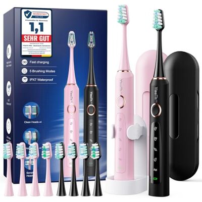 YTEATH PRO 2 Stück Elektrische Zahnbürste Schallzahnbürste für Erwachsene und Kinder Electric Toothbrush mit 8 Bürstenköpfen (2 Typen) und 5 Modi. 90 Tagen Akkulaufzeit, 2 Minuten Smart Timer, Reiseetui YTEATH PRO 2 Stück Elektrische Zahnbürste Schallzahnbürste für Erwachsene und Kinder Electric Toothbrush mit 8 Bürstenköpfen (2 Typen) und 5 Modi. 90 Tagen Akkulaufzeit, 2 Minuten Smart Timer, Reiseetui