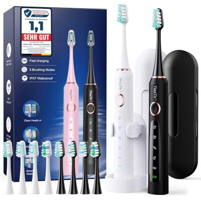 YTEATH PRO 2 Stück Elektrische Zahnbürste Schallzahnbürste für Erwachsene und Kinder Electric Toothbrush mit 8 Bürstenköpfen (2 Typen) und 5 Modi. 90 Tagen Akkulaufzeit, 2 Minuten Smart Timer, Reiseetui YTEATH PRO 2 Stück Elektrische Zahnbürste Schallzahnbürste für Erwachsene und Kinder Electric Toothbrush mit 8 Bürstenköpfen (2 Typen) und 5 Modi. 90 Tagen Akkulaufzeit, 2 Minuten Smart Timer, Reiseetui