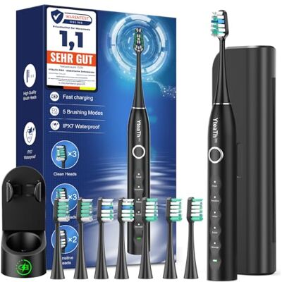 YTEATH PRO Elektrische Zahnbürste, Schallzahnbürste für Erwachsene und Kinder Electric Toothbrush mit 8 Bürstenköpfen und Timer, 5 Putzmodi, Reiseetui, 120 Tagen Akkulaufzeit, 50,000vpm, Black YTEATH PRO Elektrische Zahnbürste, Schallzahnbürste für Erwachsene und Kinder Electric Toothbrush mit 8 Bürstenköpfen und Timer, 5 Putzmodi, Reiseetui, 120 Tagen Akkulaufzeit, 50,000vpm, Black